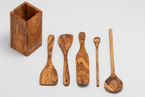Utensils Holder & Olive Wood Spoons Set – Mediterra