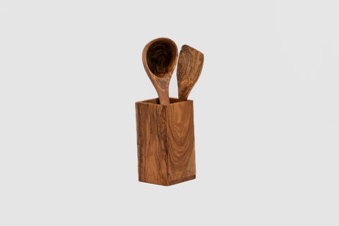 Olive Wood Utensils Holder With Ladle and Spatula